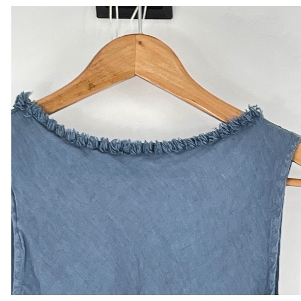 Saks Fifth Avenue Womens Dress XL Midi Blue 100% Linen Boho  Ruffle V-Neck Italy - Picture 6 of 12